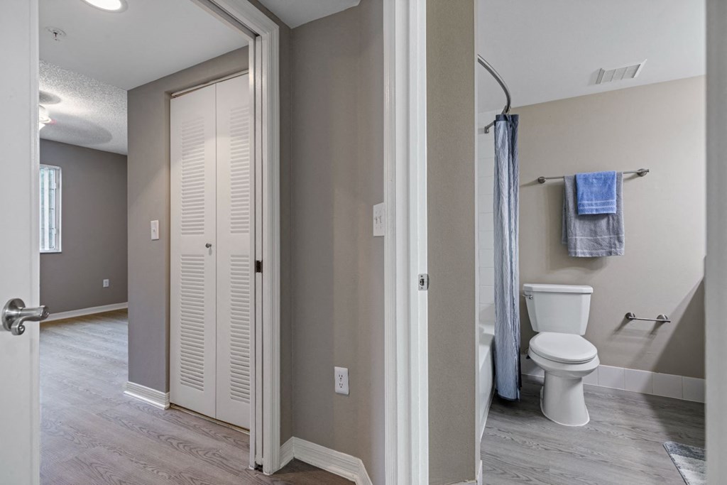 a bathroom with a toilet and a shower and a closet