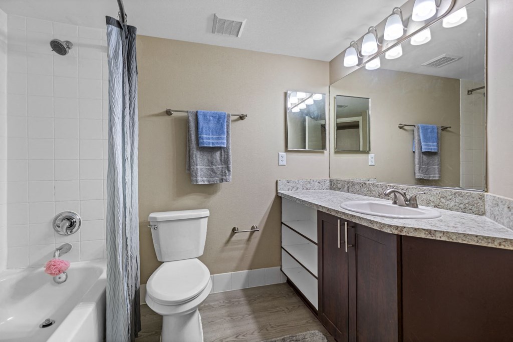 a bathroom with a toilet sink and tub and a shower