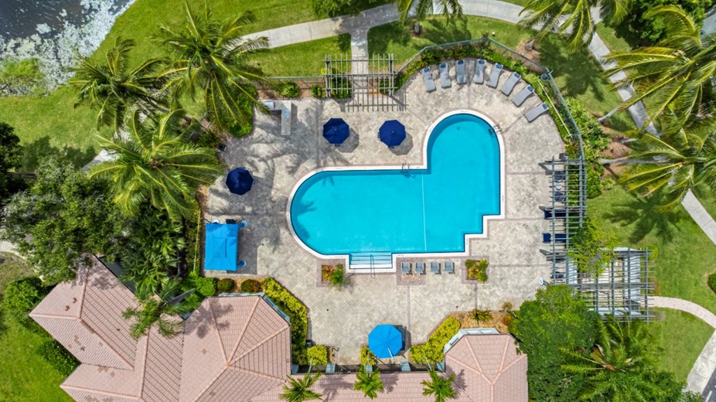 a swimming pool is circled by palm trees