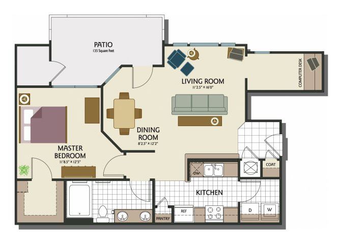 One bedroom one bathroom A2 Floorplan at Parks at Crossroads Apartments in Cary, NC