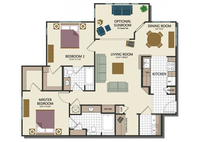 Two bedroom two bathroom B1 Floorplan at Parks at Crossroads Apartments in Cary, NC