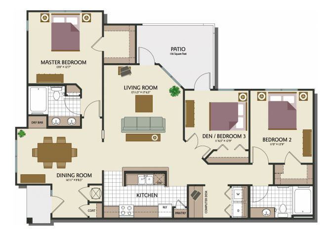 Three bedroom two bathroom C1 Floorplan at Parks at Crossroads Apartments in Cary, NC