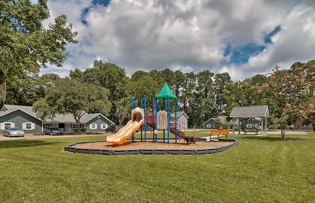 a playground with a slide in the middle of a park