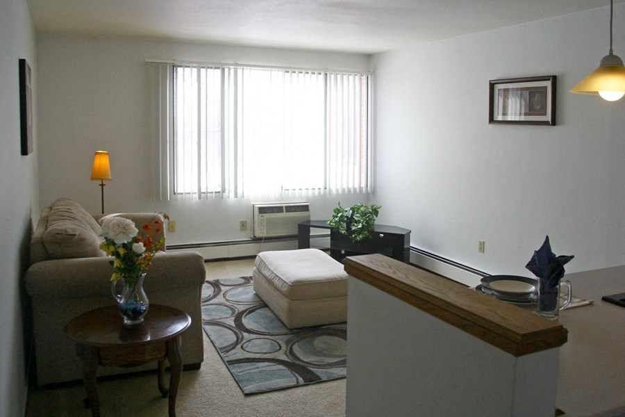 a living room with a couch and a table