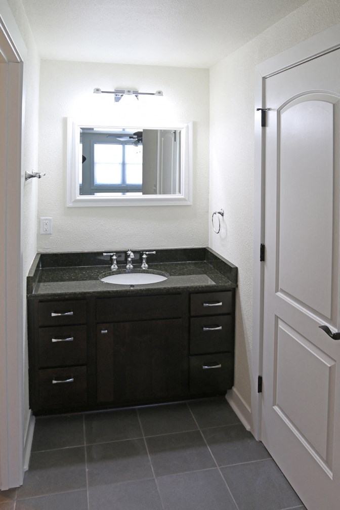 a bathroom with a sink and a mirror