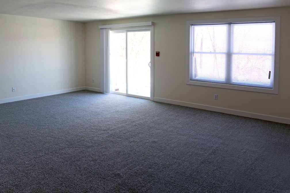 an empty living room with carpet and two windows