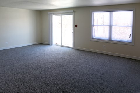 an empty living room with carpet and two windows