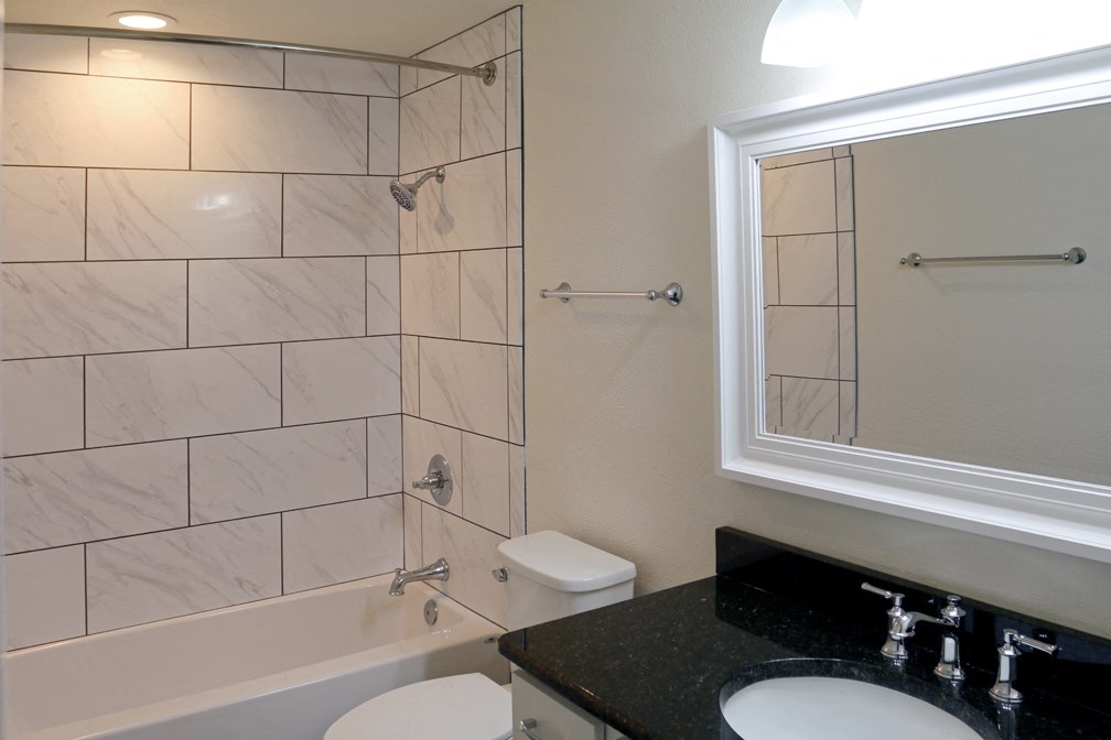 a bathroom with a sink toilet and shower and a mirror