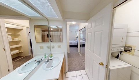 a bathroom with a sink and a mirror and a closet