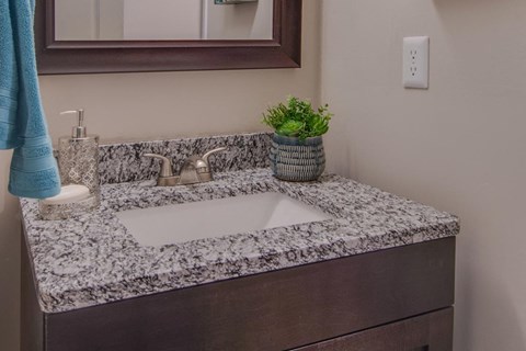 a bathroom counter with a sink and a mirror
