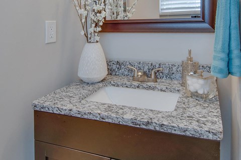 a bathroom sink with granite counter top and a vase with flowers