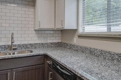 a kitchen with a counter top and a sink