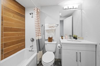 Contemporary tiled shower and white sink and vanity in renovated student apartment bathroom - Photo Gallery 11