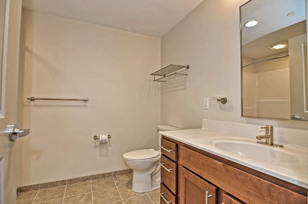 a bathroom with a sink toilet and a mirror