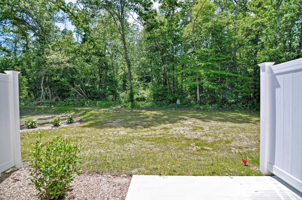 a yard with trees in the background and a white fence