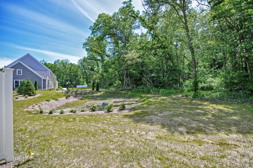 a backyard with a house and a yard with grass and trees
