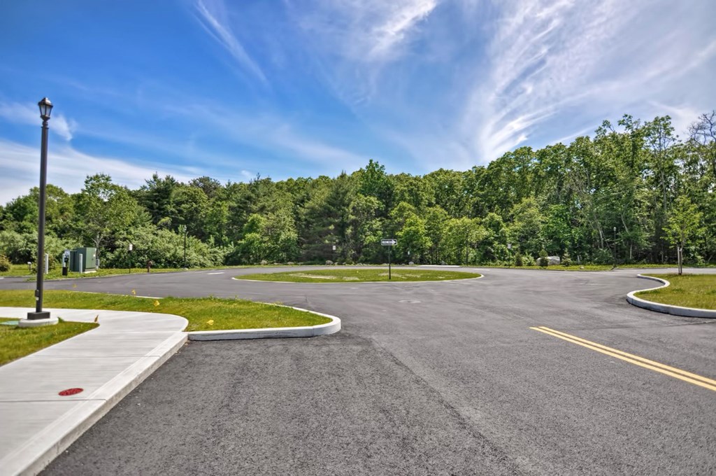 an empty parking lot with trees and a blue sky