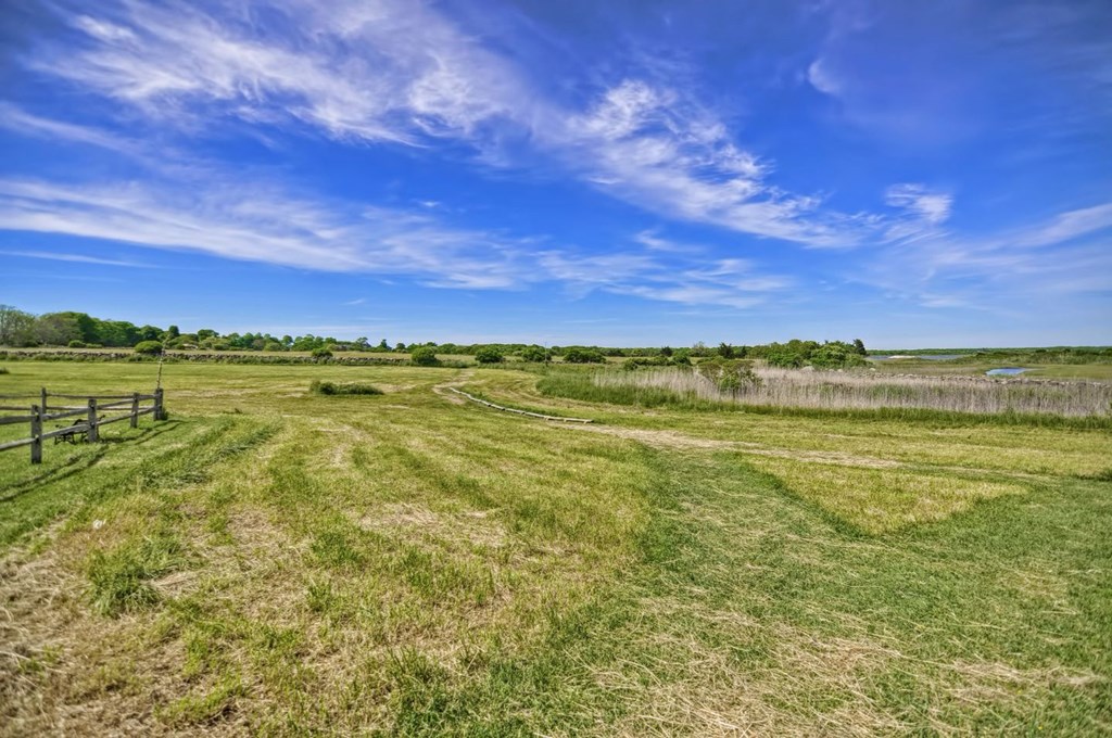 a grassy field with a fence and a blue sky