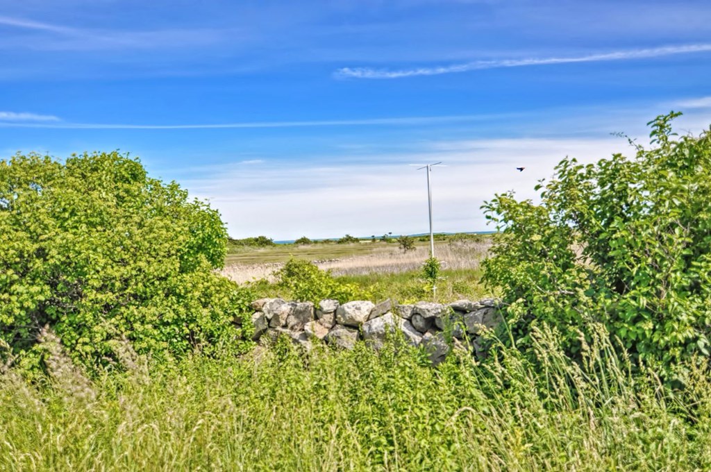 a stone wall in the middle of a field with grass and trees