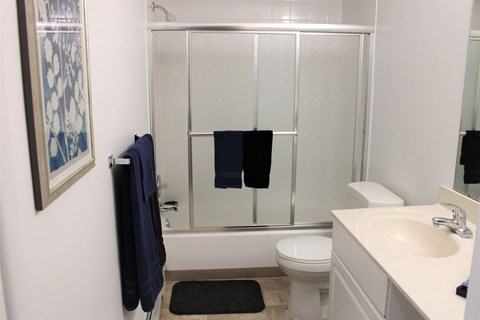 a bathroom with a shower and a sink and a toilet