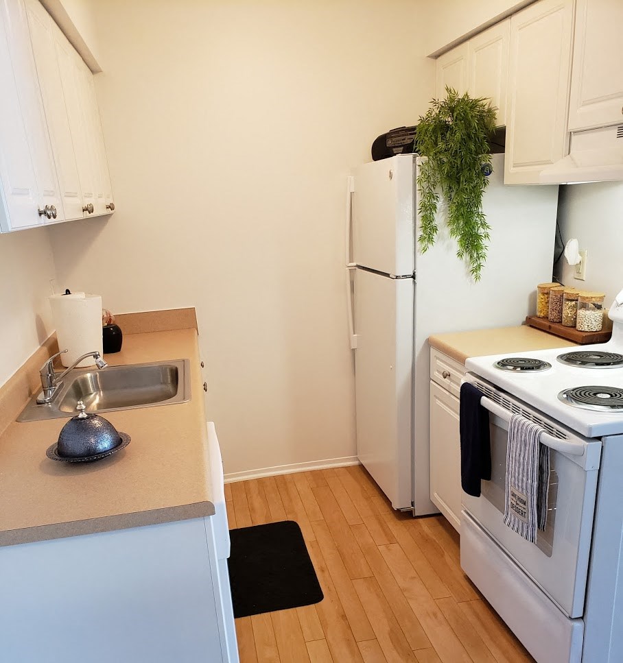 a kitchen with a stove refrigerator and a sink