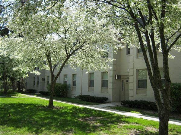 a white building with trees in front of it