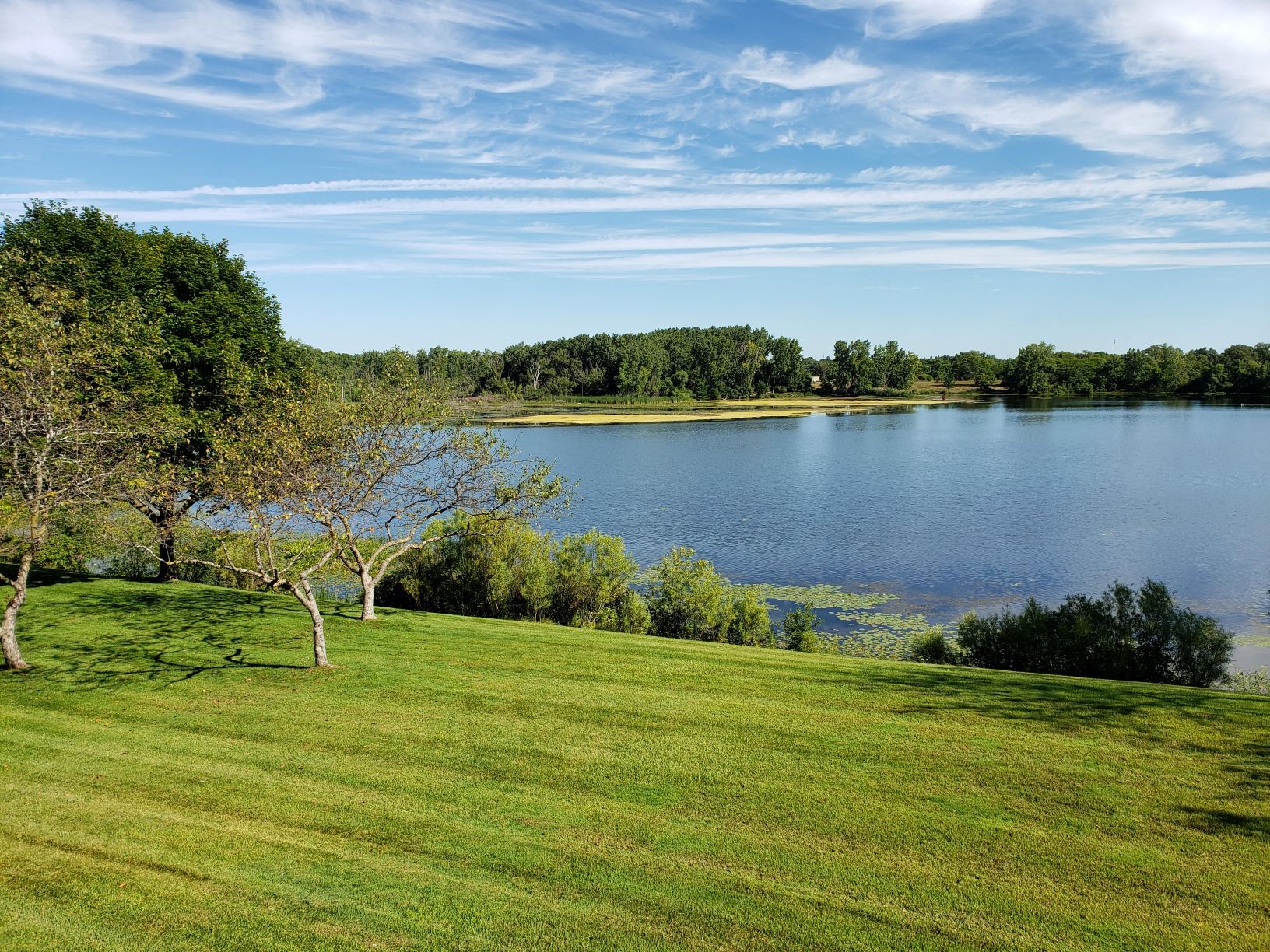a view of a lake from a grassy field