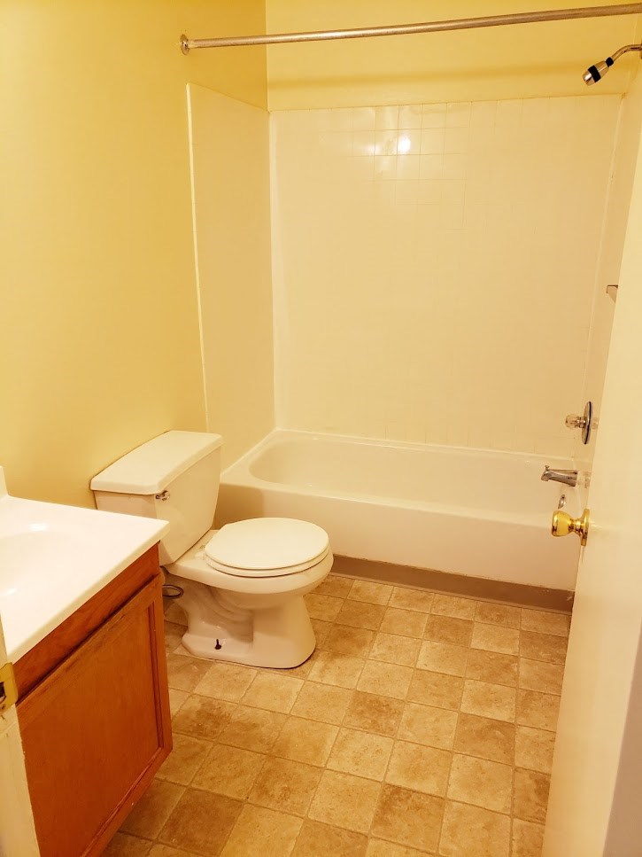 a bathroom with a toilet and a bath tub