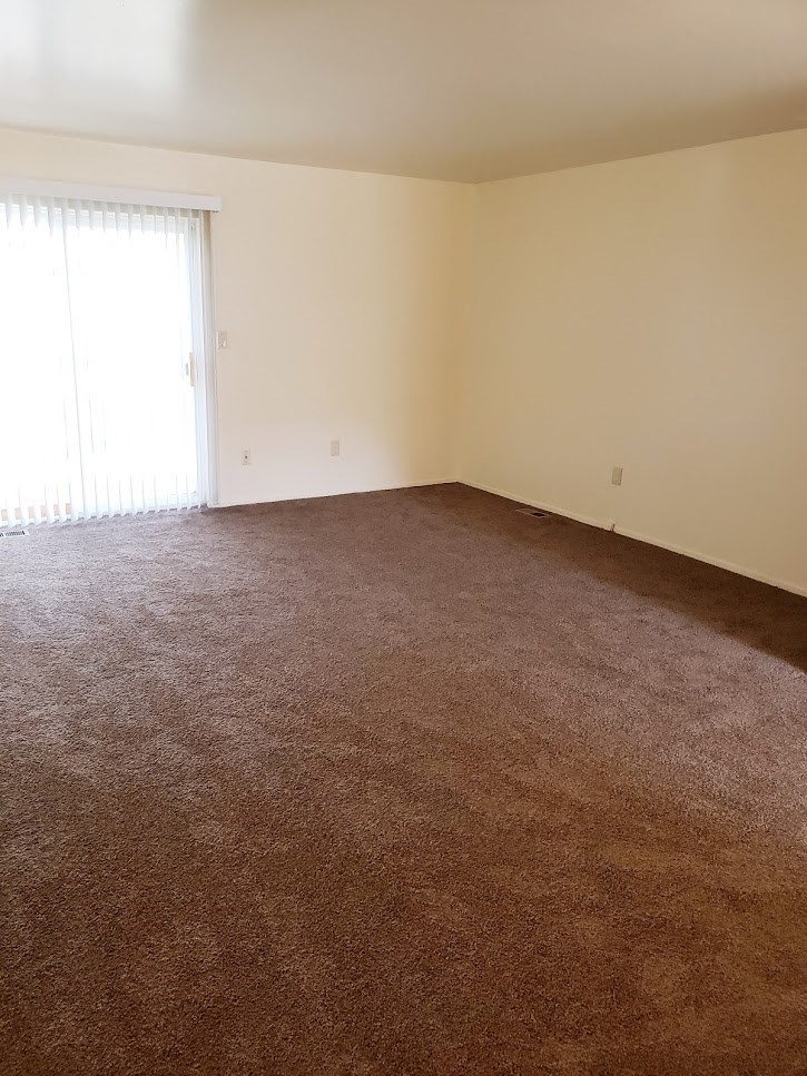 an empty living room with carpet and a window