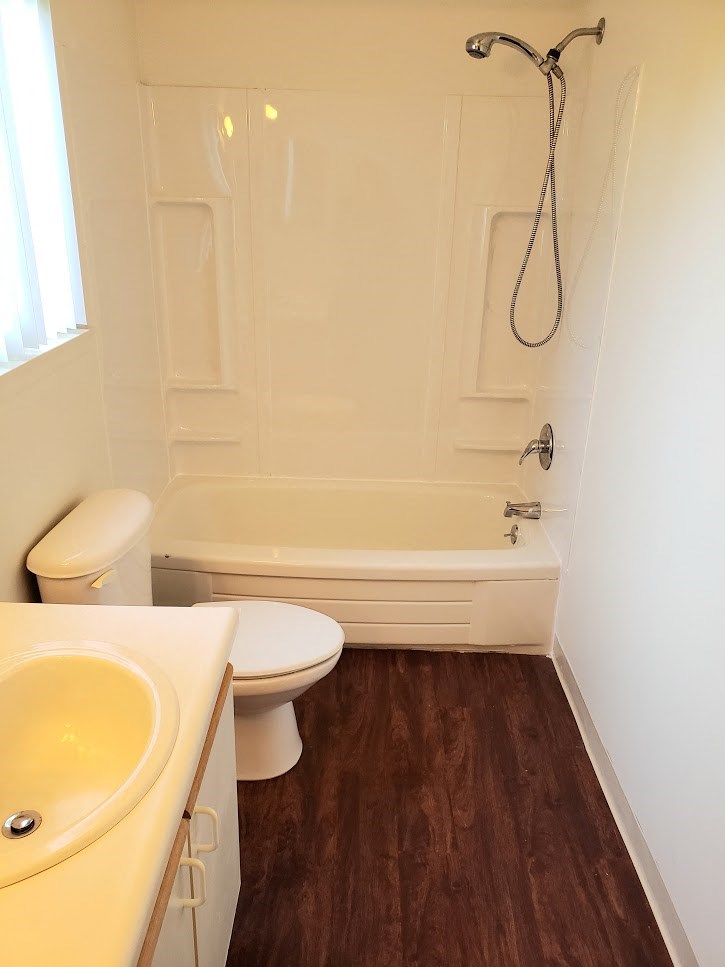 a bathroom with a toilet and a bath tub