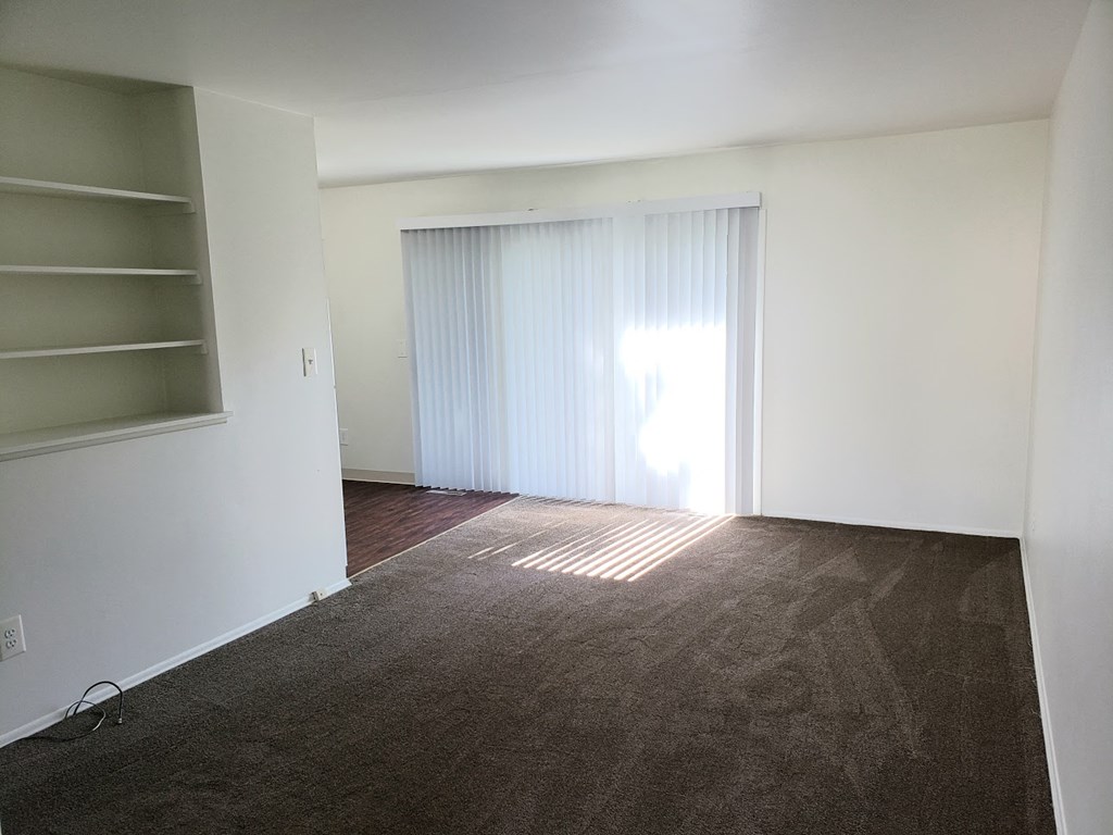 a living room with a carpet and a sliding glass door