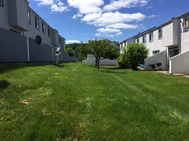 the backyard of a house with a lawn and trees