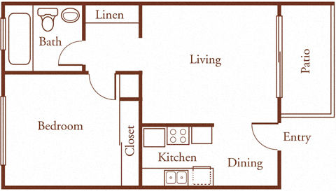 A floor plan of a one bedroom one bathroom apartment.