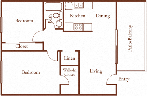 A floor plan of a two bedroom one bathroom apartment.
