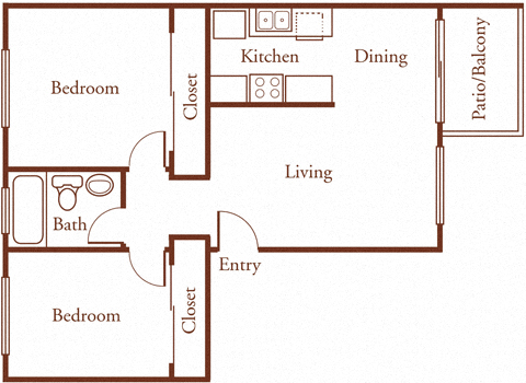 A floor plan of a two bedroom one bathroom unit.