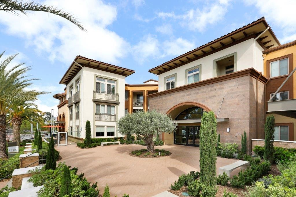 a courtyard with a tree in the middle of it