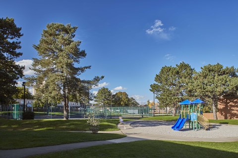 a playground in a park with trees and a swing set