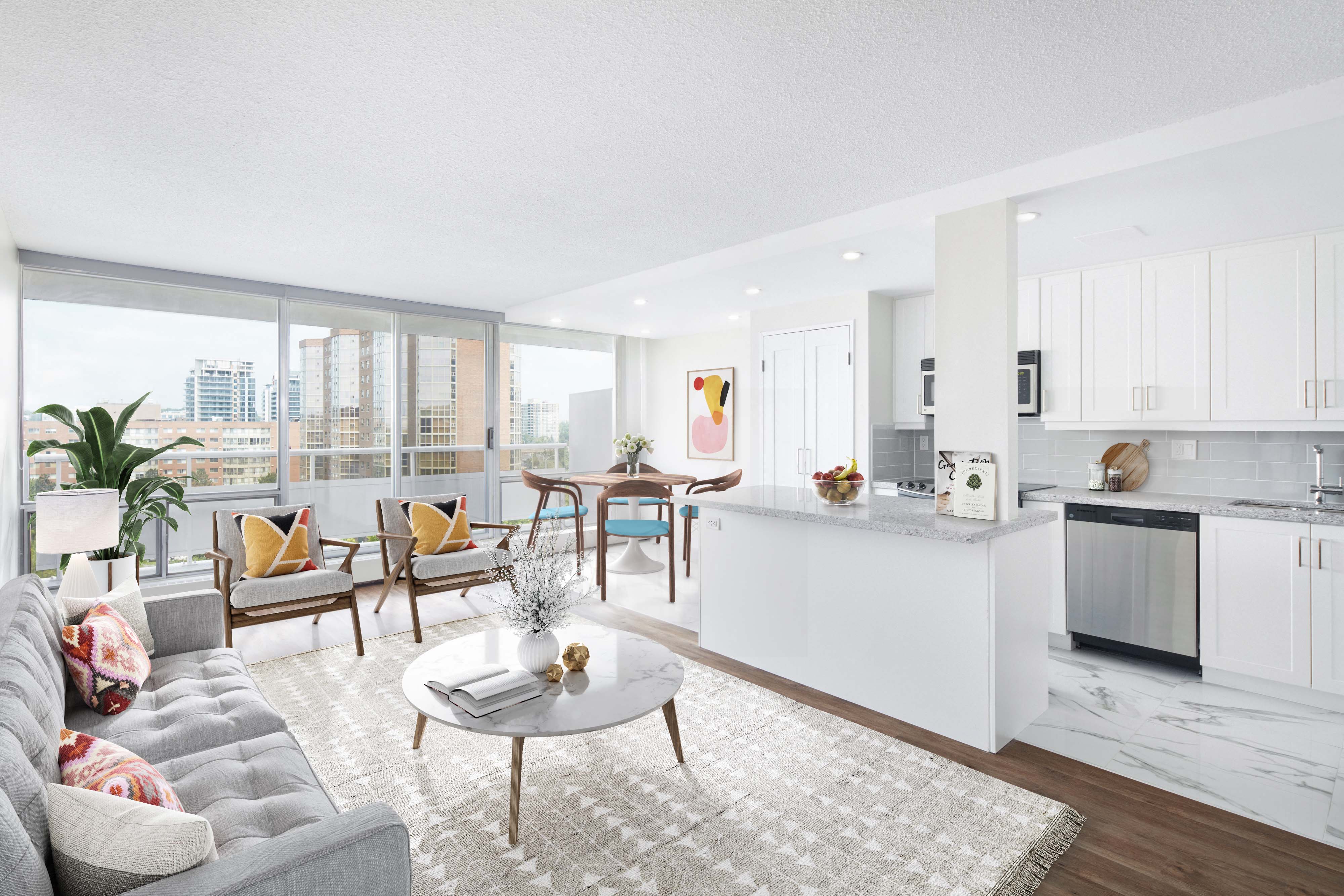 a living room with a couch and a table