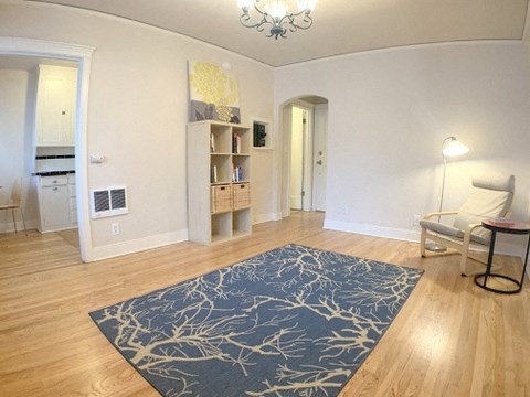 a living room with a blue rug and a chair