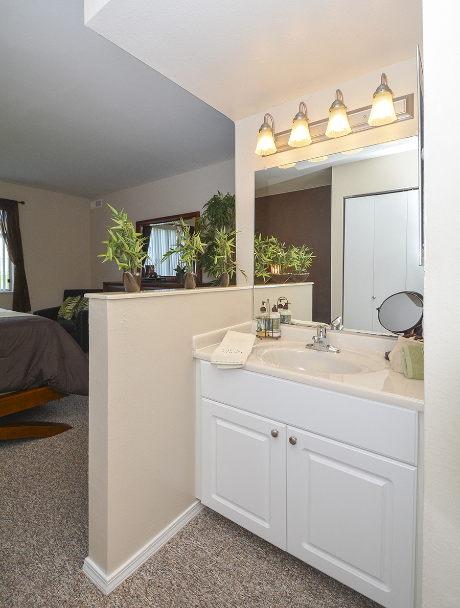 Bathroom Sink with Large Vanity and Partial Privacy Wall