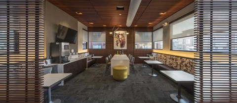 a dining room with a table and chairs in a restaurant