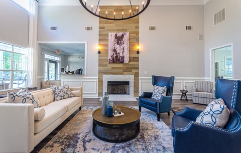 a living room with couches and chairs and a fireplace