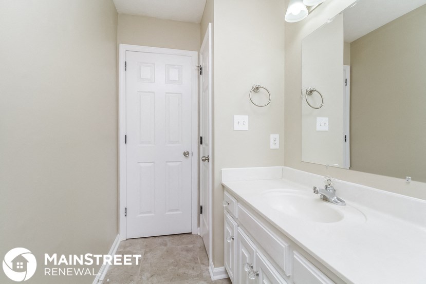 a bathroom with a sink and a mirror and a white door
