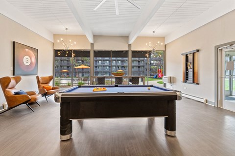 a pool table in a living room with a large window
