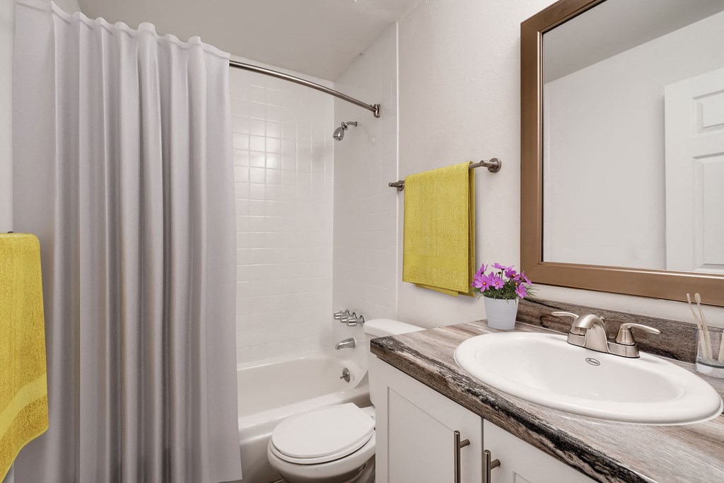 a bathroom with a shower curtain and a sink and a toilet