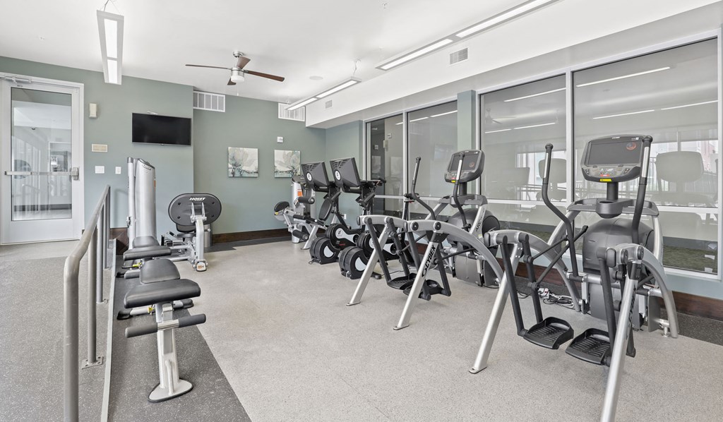 a gym with a lot of exercise equipment and windows
