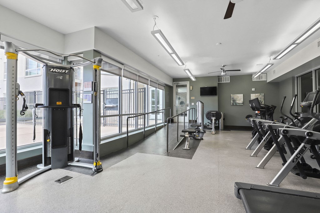 a gym with weights and cardio machines and windows in a building