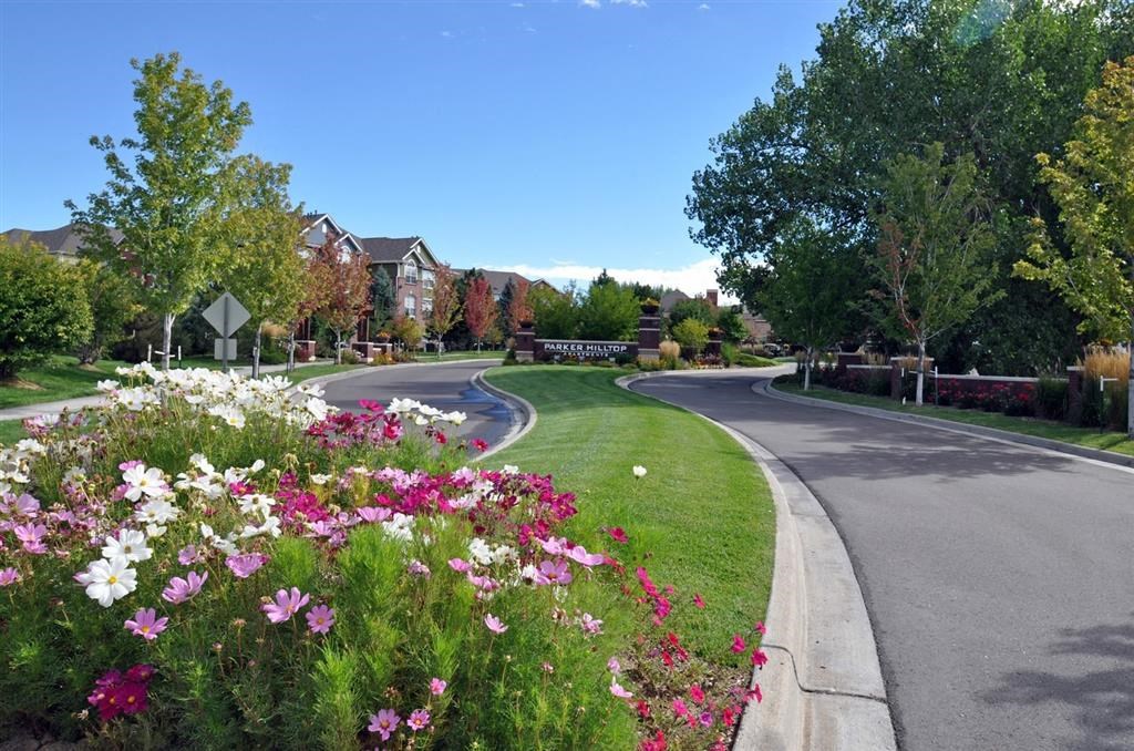 a street with flowers on the side of a road