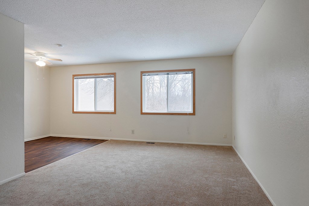 an empty living room with two windows and a rug