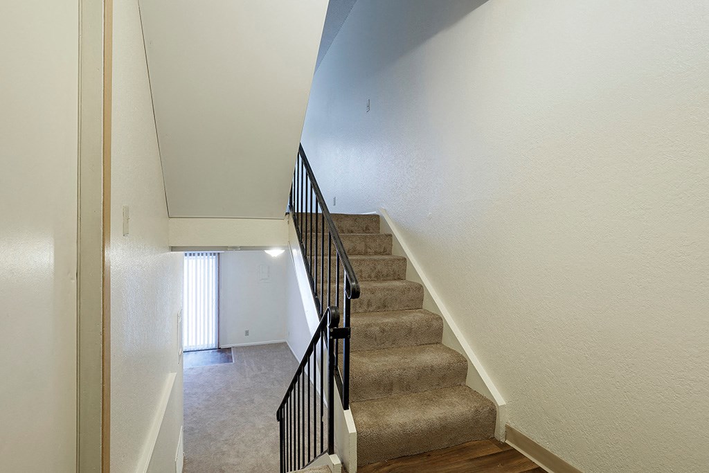 a view of a staircase in a home with carpeted stairs and a door